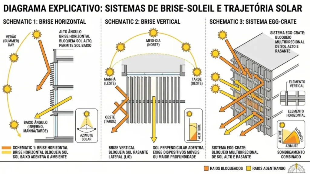 Brise-soleil: como o controle solar redesenha fachadas eficientes 2 Diagrama comparando o funcionamento de brise-soleil horizontal, vertical e combinado conforme a orientação