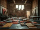 Ateliê de reuso criativo com materiais organizados para uma instalação de arte circular