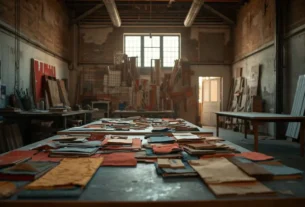 Ateliê de reuso criativo com materiais organizados para uma instalação de arte circular