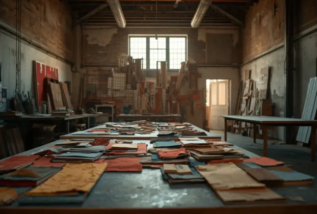 Ateliê de reuso criativo com materiais organizados para uma instalação de arte circular