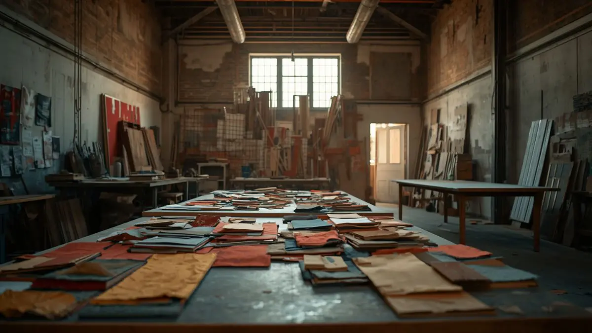 Economia circular na arte: reuso, artesanato e cidade 1 Ateliê de reuso criativo com materiais organizados para uma instalação de arte circular