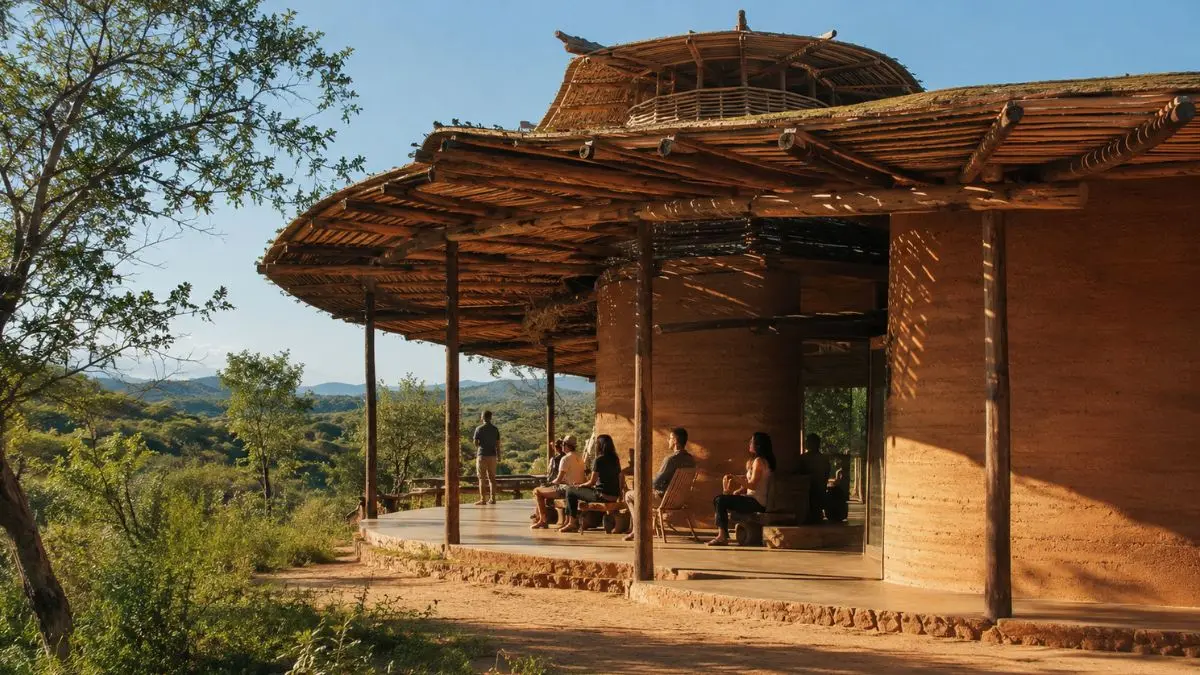 Arquitetura regenerativa e vernacular: soluções para o Brasil 1 Edifício de arquitetura regenerativa e biomimética construído com terra e madeira local, integrado à vegetação nativa