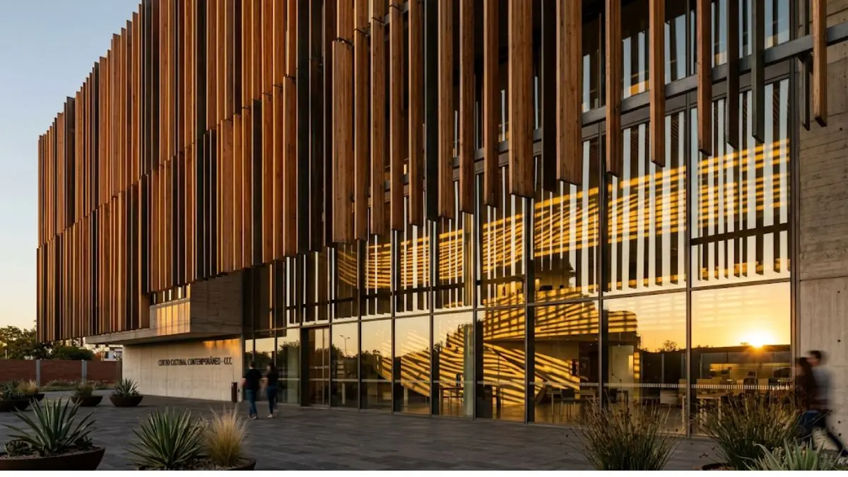 Brise-soleil: como o controle solar redesenha fachadas eficientes 1 Fachada contemporânea com lâminas de brise-soleil projetando sombras sobre vidro ao entardecer