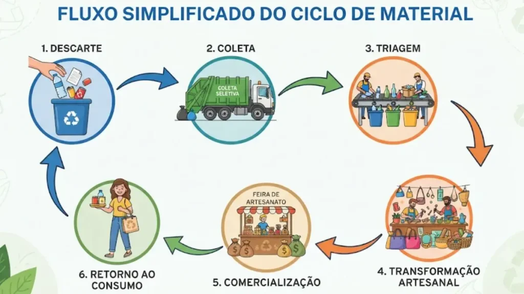 Economia circular na arte: reuso, artesanato e cidade 6 Fluxo do ciclo de economia circular criativa, da coleta de resíduo à comercialização