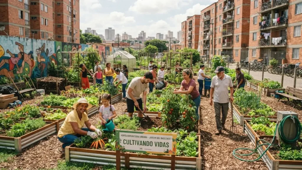 Infraestrutura verde urbana: telhados, parques e hortas 5 Horta comunitária urbana em terreno antes ocioso, com moradores cuidando dos canteiros