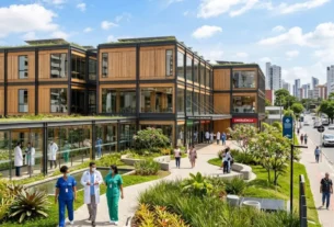 Hospital modular contemporâneo demonstrando a aplicação da arquitetura efêmera na saúde