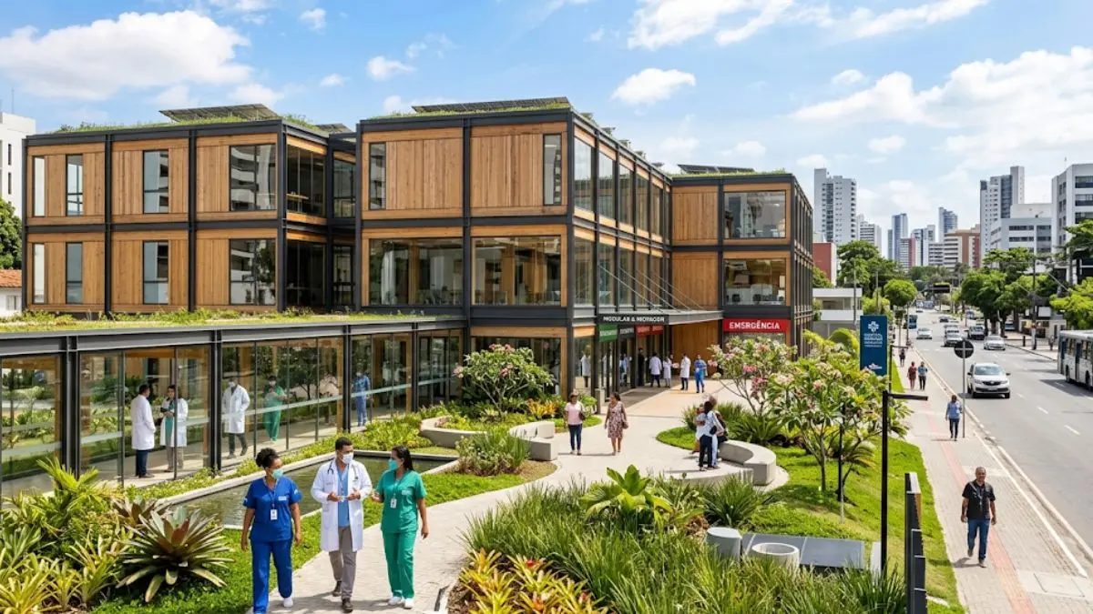 Hospital modular contemporâneo demonstrando a aplicação da arquitetura efêmera na saúde
