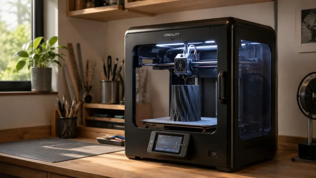 Impressora 3D doméstica de gabinete fechado imprimindo uma peça técnica em filamento PETG