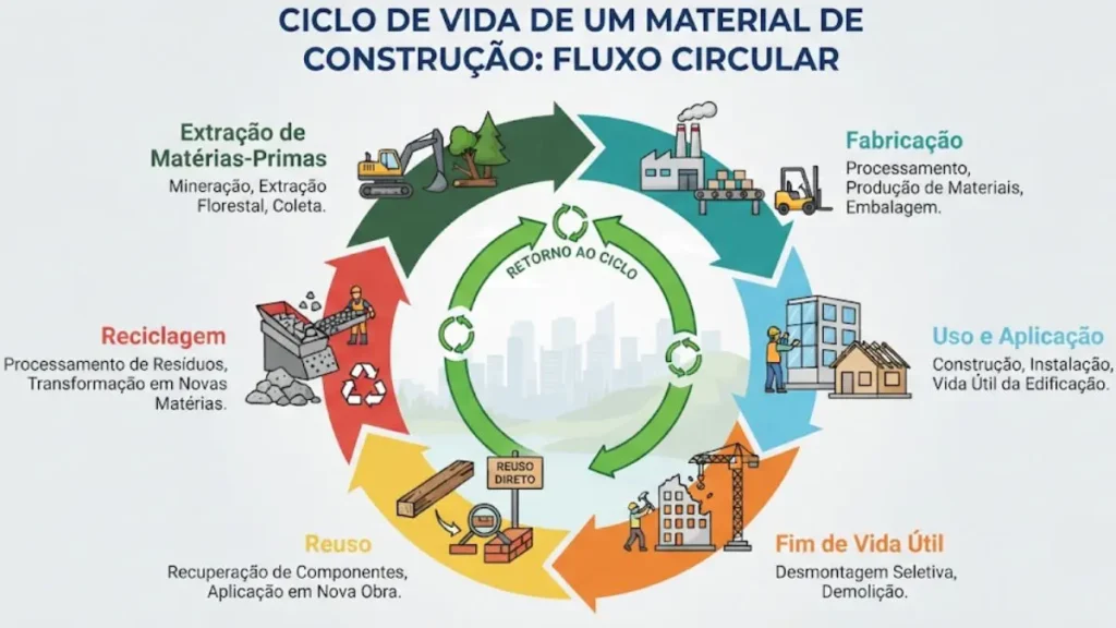 Arquitetura circular: como o ciclo de vida dos materiais muda o projeto 4 Infográfico do ciclo de vida circular de materiais de construção, da extração ao reuso