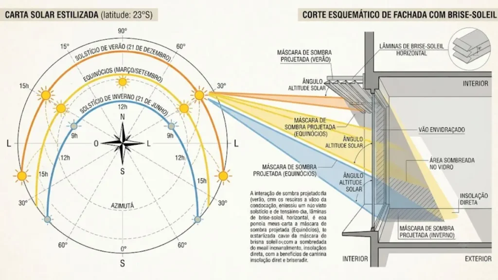 Brise-soleil: como o controle solar redesenha fachadas eficientes 3 Infográfico mostrando o cálculo da máscara de sombra de um brise-soleil a partir da carta solar