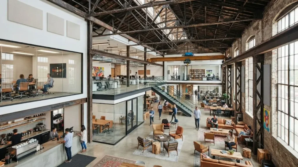 Arquitetura circular: como o ciclo de vida dos materiais muda o projeto 5 Interior de galpão industrial retrofitado preservando estrutura original em projeto de reuso arquitetônico