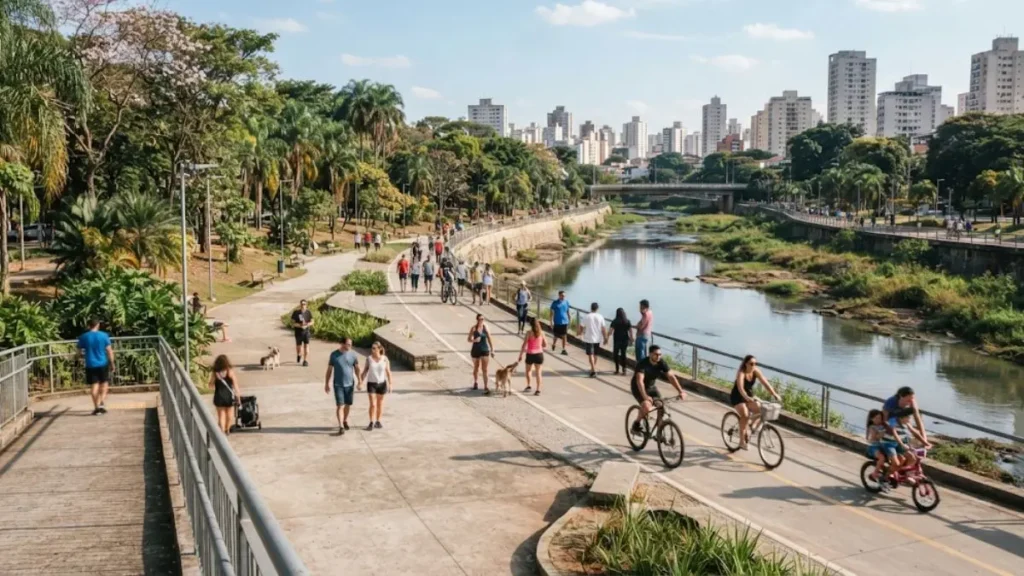 Infraestrutura verde urbana: telhados, parques e hortas 4 Parque linear urbano brasileiro em uso cotidiano por pedestres e ciclistas