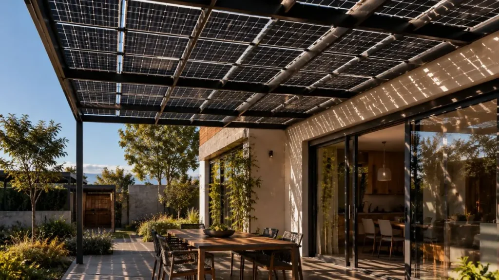 Pergolado fotovoltaico residencial gerando sombra e energia solar simultaneamente