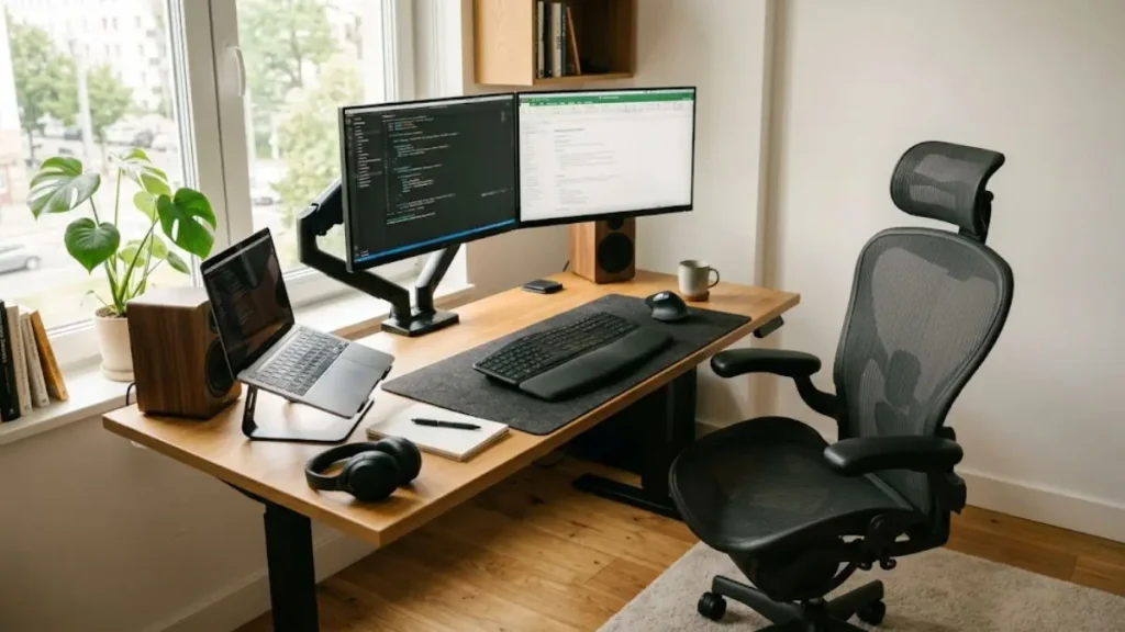 Setup de home office com mesa regulável, monitor em braço articulado e cadeira ergonômica de malha respirável