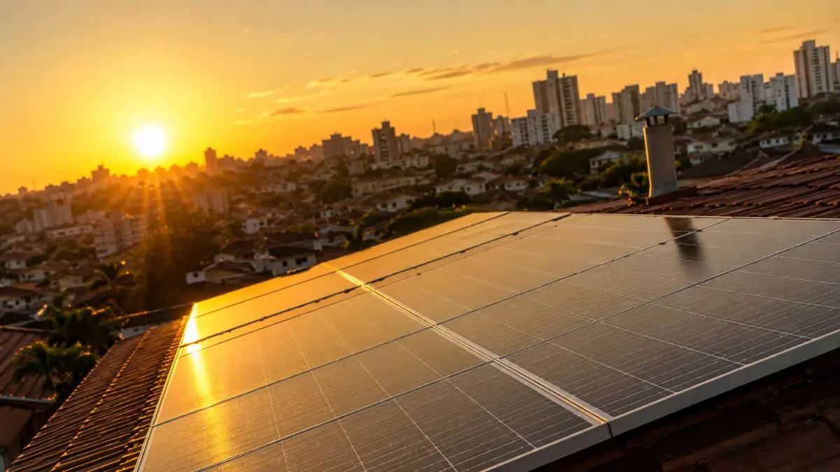Painéis solares em telhado residencial brasileiro durante o entardecer, representando o investimento em energia fotovoltaica