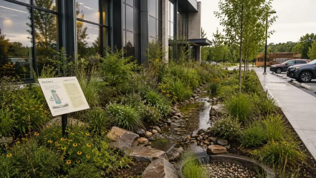 Arquitetura regenerativa e vernacular: soluções para o Brasil 5 Sistema de bioswale com vegetação nativa integrado ao entorno de um edifício regenerativo