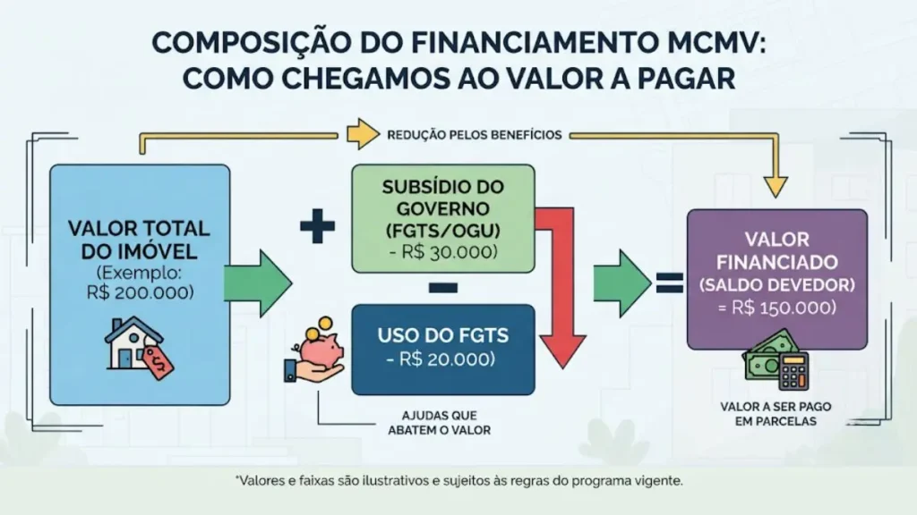 Minha Casa Minha Vida 2026: guia completo para se inscrever 5 Diagrama explicando como subsídio e FGTS reduzem o valor financiado no MCMV 2026