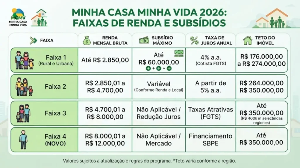 Minha Casa Minha Vida 2026: guia completo para se inscrever 3 Tabela com as quatro faixas de renda do programa Minha Casa Minha Vida 2026 com limites e benefícios