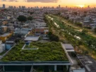 Telhado verde em bairro denso com parque linear ao fundo, exemplo de infraestrutura verde urbana