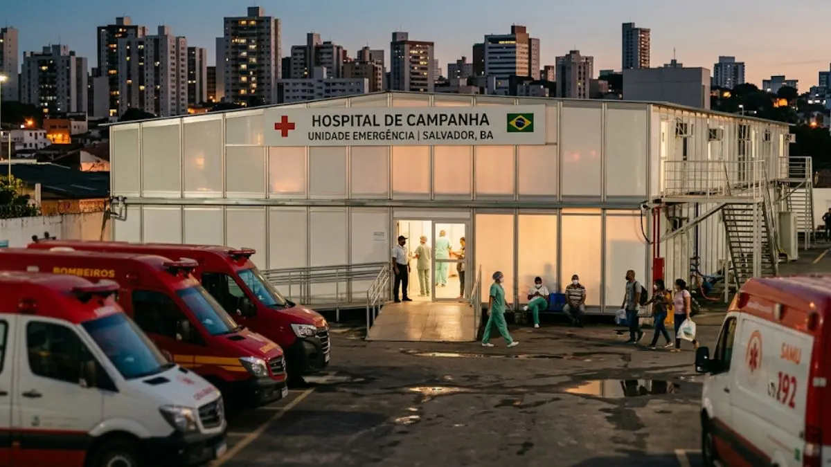 fachada de hospital modular exemplificando arquitetura hospitalar efêmera