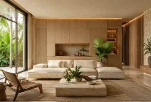 Sala contemporânea com arquitetura invisível e tecnologia embutida na marcenaria