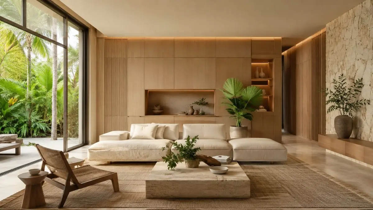 Sala contemporânea com arquitetura invisível e tecnologia embutida na marcenaria