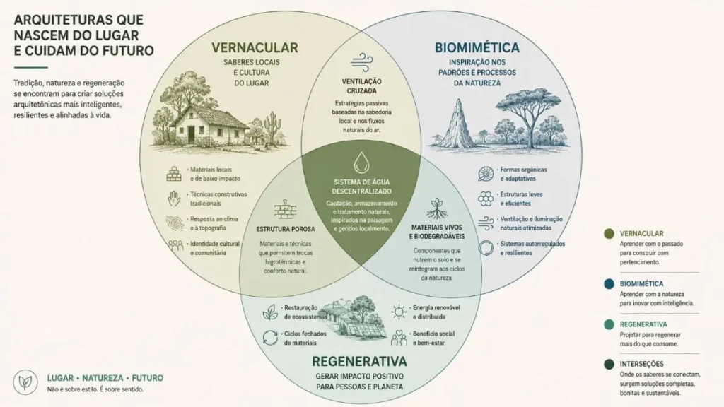 Arquitetura regenerativa e vernacular: soluções para o Brasil 3 Arquitetura regenerativa e vernacular: Infográfico comparando os princípios da arquitetura vernacular, biomimética e regenerativa e suas zonas de sobreposição