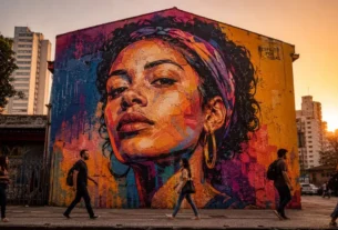 mural de arte urbana feminina em empena de prédio no centro de São Paulo