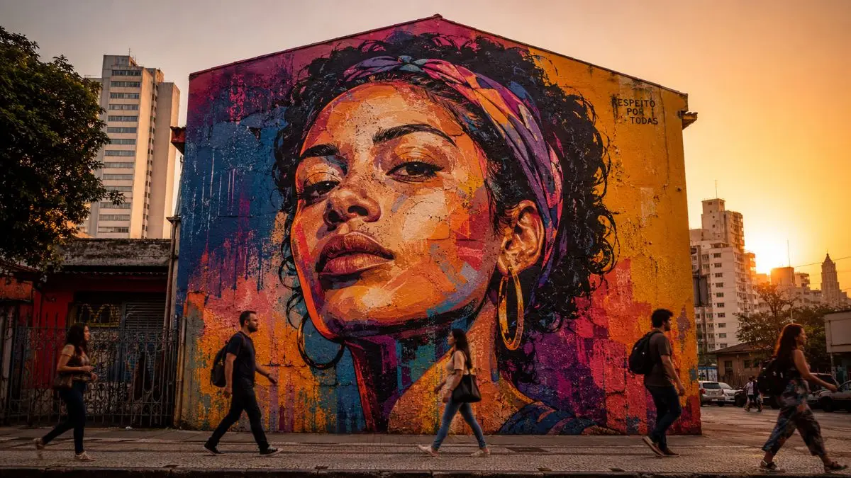 mural de arte urbana feminina em empena de prédio no centro de São Paulo