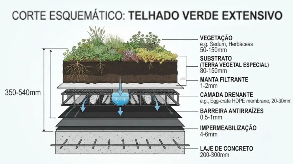 Infraestrutura verde urbana: telhados, parques e hortas 3 Corte esquemático das camadas que compõem um telhado verde extensivo