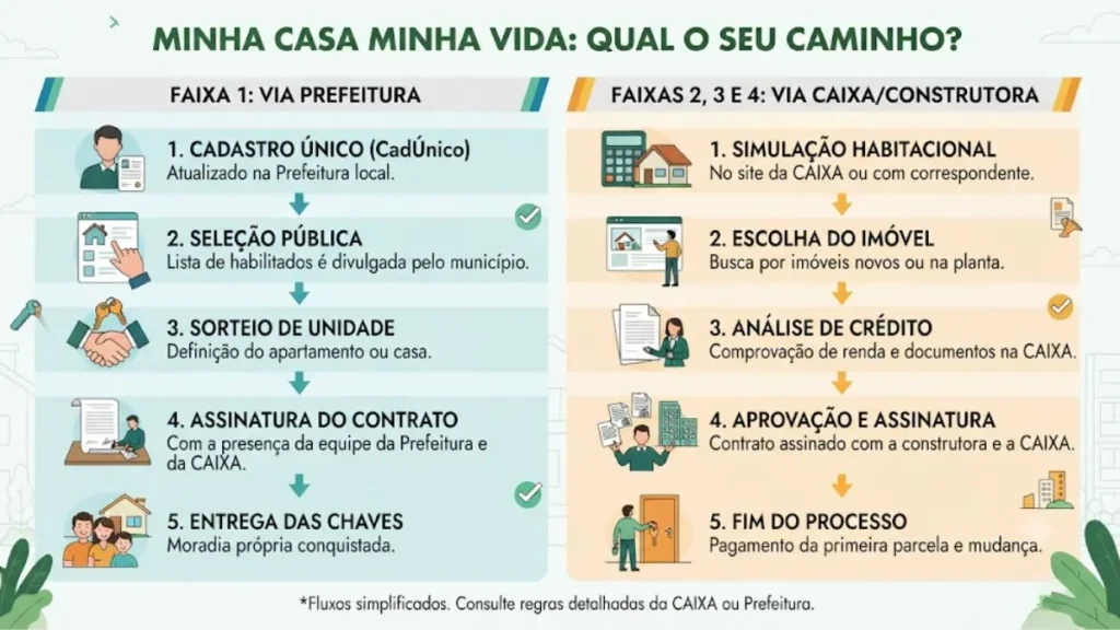 Minha Casa Minha Vida 2026: guia completo para se inscrever 4 Fluxograma mostrando o caminho de inscrição no MCMV 2026 por faixa de renda