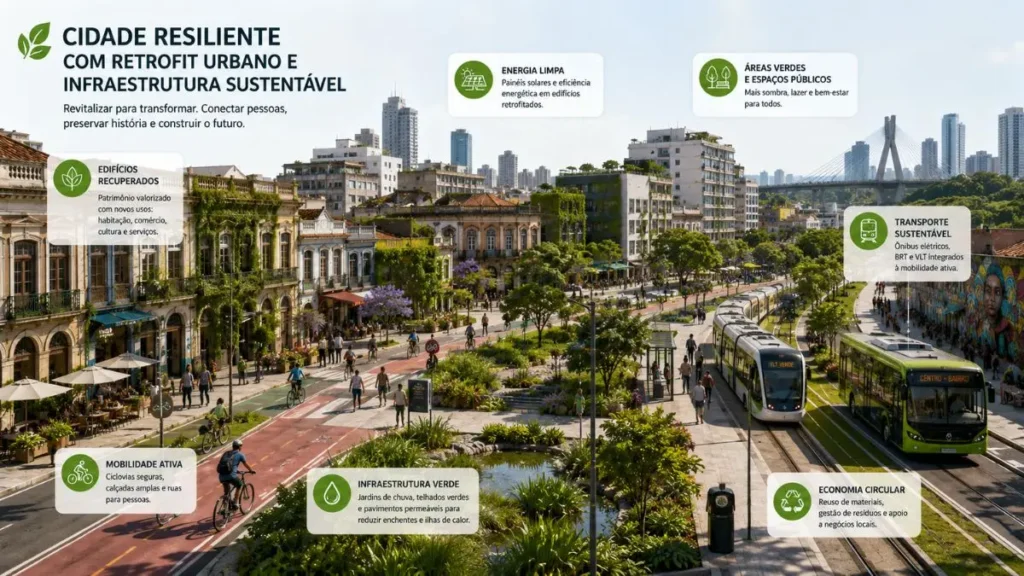 Regeneração urbana: como cidades se transformam 4 Cidade resiliente com retrofit urbano e infraestrutura sustentável