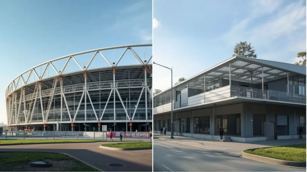 Infraestruturas Efêmeras: a arquitetura que muda cidades 4 comparação entre arena olímpica desmontável e escola construída com seus materiais reaproveitados. Imagem ilustrativa