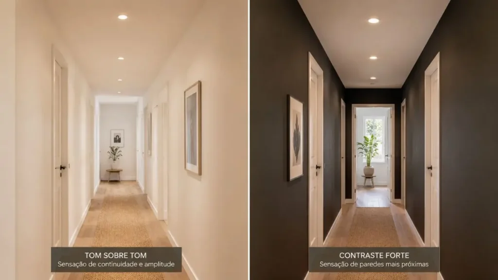 Decorar corredor pequeno: comparação entre corredor com continuidade cromática e corredor com alto contraste entre parede e teto