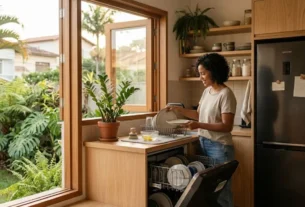 cozinha residencial com eletrodomésticos sustentáveis integrados ao ambiente e luz natural
