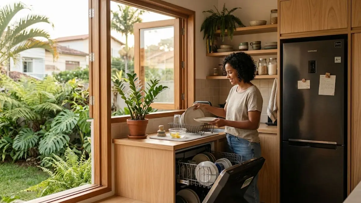 cozinha residencial com eletrodomésticos sustentáveis integrados ao ambiente e luz natural