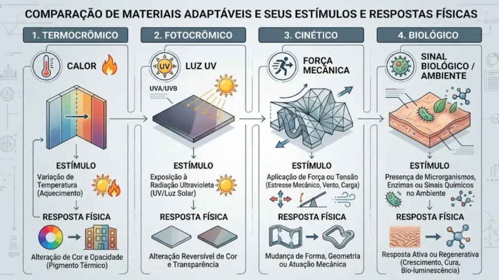 Arte urbana efêmera: como materiais adaptáveis mudam fachadas 3 diagrama comparando materiais adaptáveis termocrômicos, fotocrômicos, cinéticos e biológicos