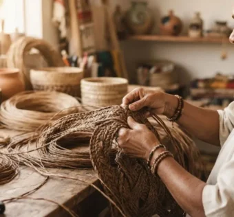 artesã tecendo fibra natural, símbolo do artesanato baiano contemporâneo
