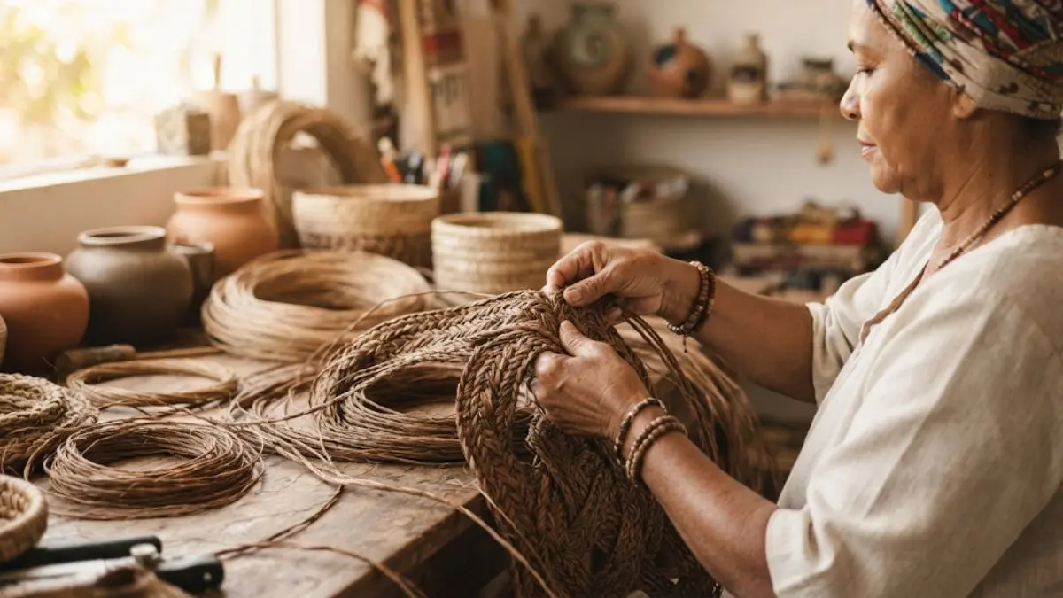 artesã tecendo fibra natural, símbolo do artesanato baiano contemporâneo