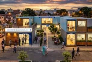 capa estrutura modular temporária usada como infraestrutura de saúde em espaço urbano