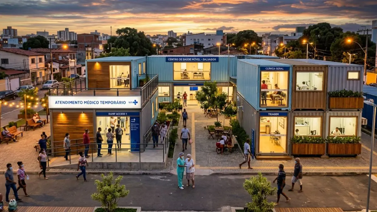 capa estrutura modular temporária usada como infraestrutura de saúde em espaço urbano