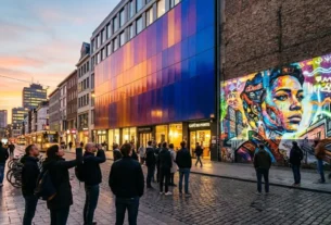 capa fachada com material adaptável mudando de cor ao entardecer em espaço urbano com arte de projeção