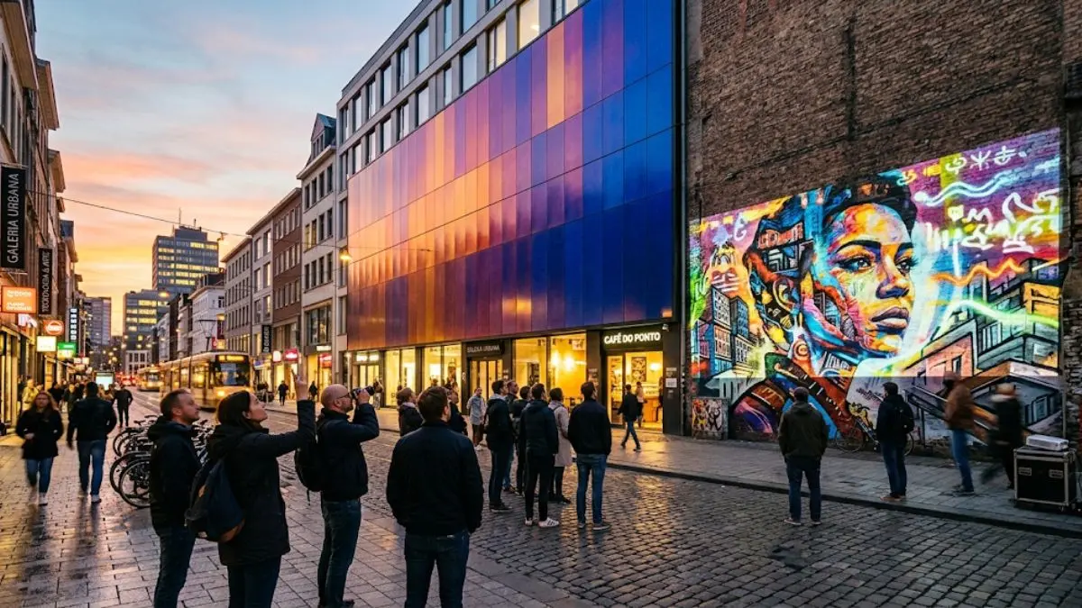 Arte urbana efêmera: como materiais adaptáveis mudam fachadas 1 capa fachada com material adaptável mudando de cor ao entardecer em espaço urbano com arte de projeção