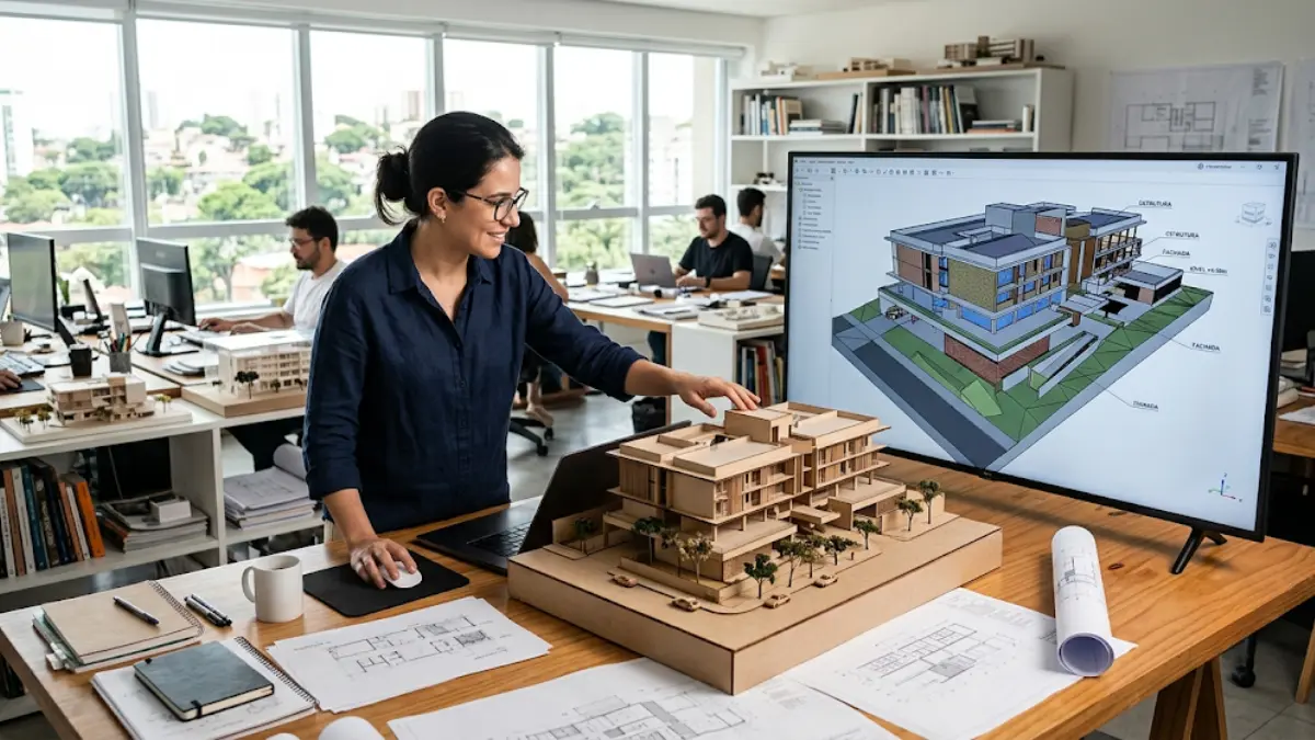 Arquiteta analisa projeto com IA aplicada ao design em escritório contemporâneo