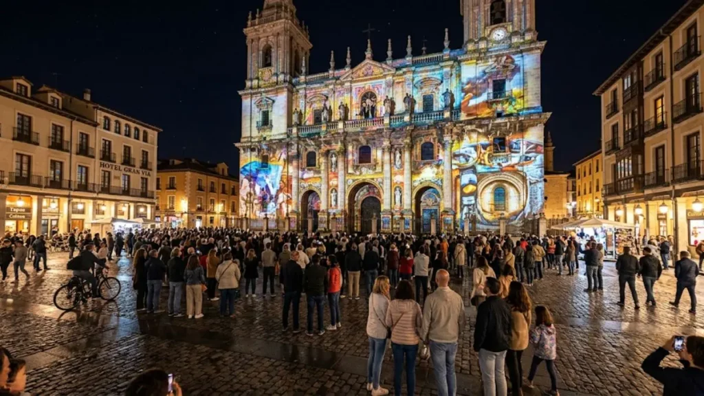 Arte urbana efêmera: como materiais adaptáveis mudam fachadas 4 Arte urbana efêmera: projeção mapeada transformando fachada histórica durante evento de arte urbana noturna