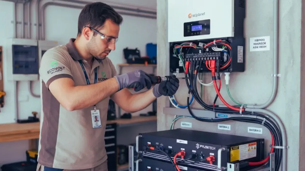 Arquiteto realizando vistoria técnica em sistema fotovoltaico para o simulador de energia solar de alto desempenho