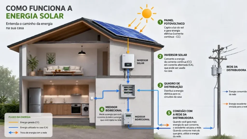 Energia fotovoltaica residencial: Diagrama do funcionamento de um sistema fotovoltaico residencial conectado à rede elétrica