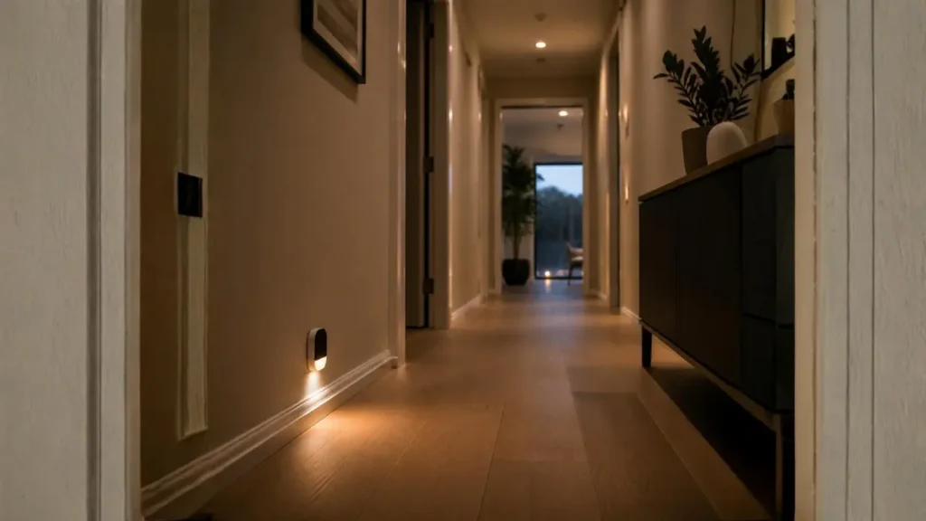 sensor de presença instalado em corredor pequeno para acionamento automático de iluminação noturna