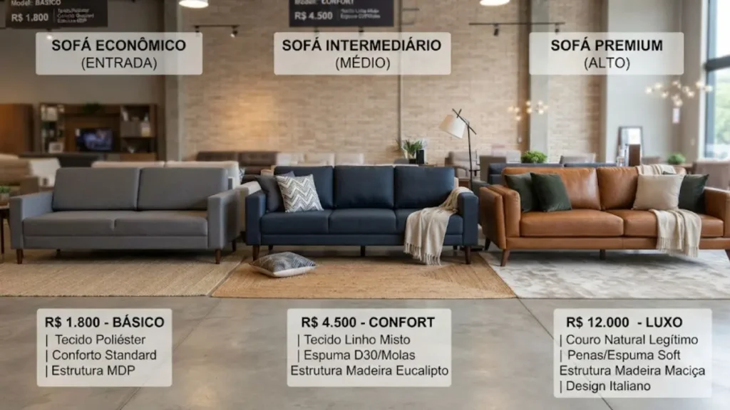 sofá sala de estar comparativo preço padrão econômico intermediário alto