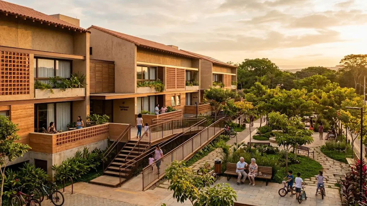urbanização inclusiva em conjunto habitacional com praça acessível e arborizada